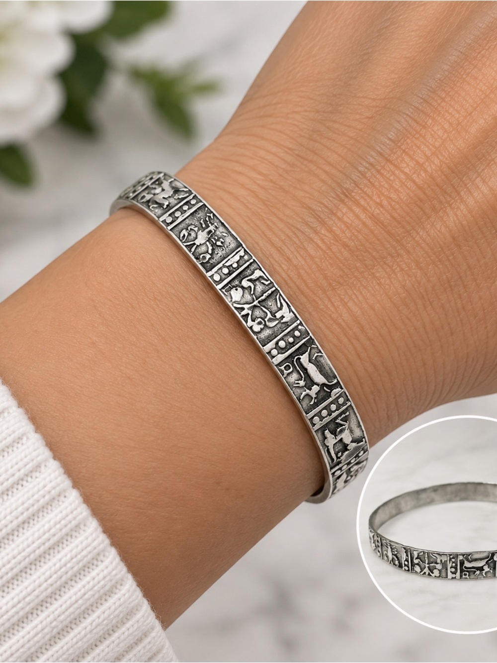 Sterling Silver-Tone Engraved Animal Motif Cuff Bracelet - Silver